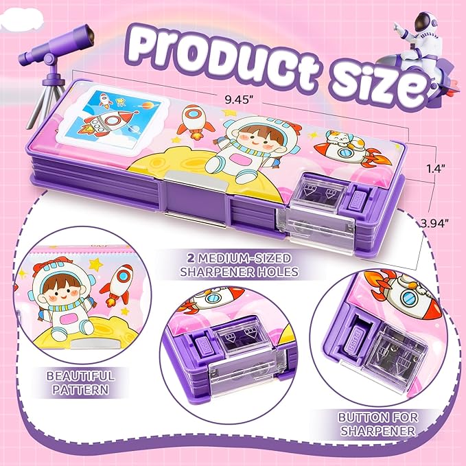Henoyso Multifunctional Pencil Box for Girls Space Pencil Case with Calculator and Sharpener Cool Cute Pencilcase School Supplies Essentials Christmas Birthday Gift Present for Kids Teens