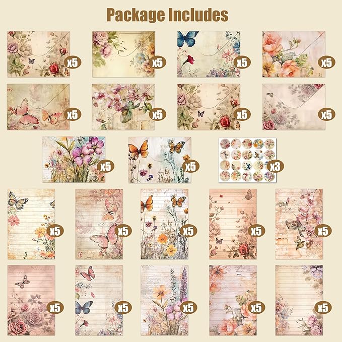 160 Pcs Stationery Paper Set, Nature Vintage Floral Butterfly 50 Stationary Paper 50 Envelopes 60 Round Dot Sticker