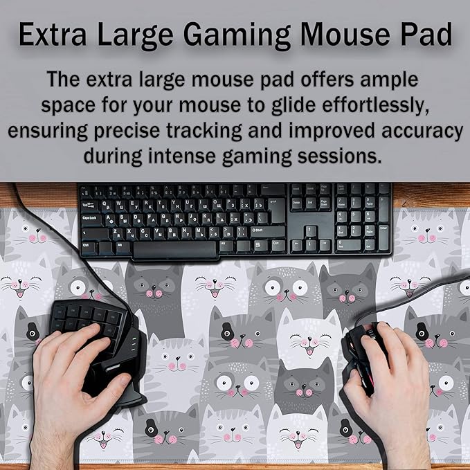 Keyboard Mouse Pad Funny Gray Cats, Large Mousepads Computer Desk Mat, XXL Gaming Mouse Pad Non-Slip Rubber Base Waterproof with Stitched Edges, 35.4 X 15.7 inch for Work/Game/Office/Home