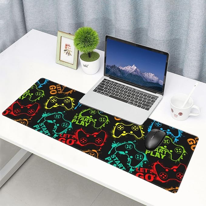 Colorful Silhouettes Game Joystick XL Large Mouse Pad with Stitched Edges Long Non-Slip Rubber Base Mousepad Laptop Keyboard Mat Desk Pad for Office Home Desk Decor, 31.5" X 11.8"