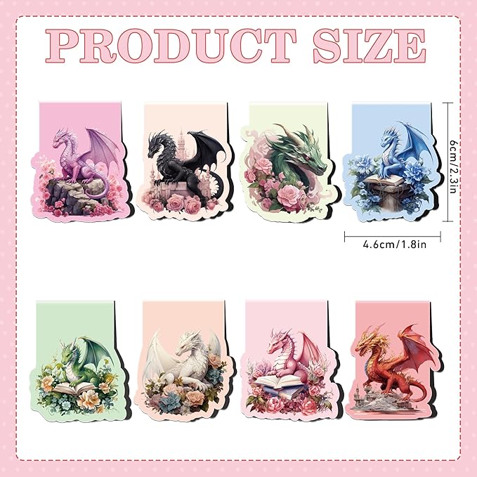 Cool Dragon Magnetic Bookmarks, 8 Pcs Flower Dragon Magnet Book Mark Clips Gifts for Men Boys Kids, Fantasy Novel Accessories for Reading Journals Christmas Birthday Stocking Stuffers