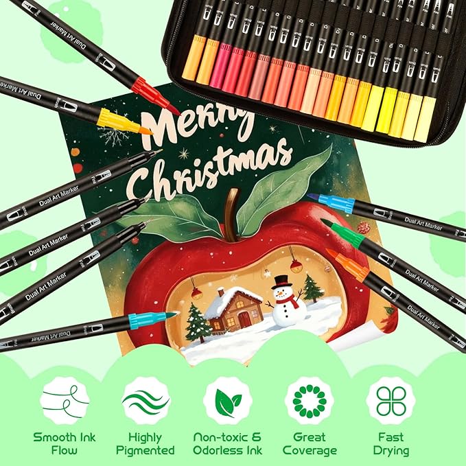 【72 Colors】Adult Coloring Book Markers No Bleed – Dual Felt Tip (Fine & Brush) Art Markers for Teens/Kids – Gel Acrylic Paint Pens Set for Sketching, Drawing, Rock Painting, Journaling, Non Bleeding.