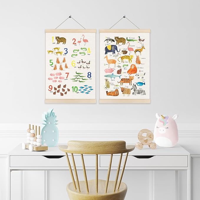 Koesus Animal Alphabet Numbers 1-10 Wall Art Poster Hanger Frame 12x16 Inch Set of 2, Educational Canvas Pictures Prints Framed Wall Decor for Toddler Kids Room Nursery Preschool Classroom Playroom