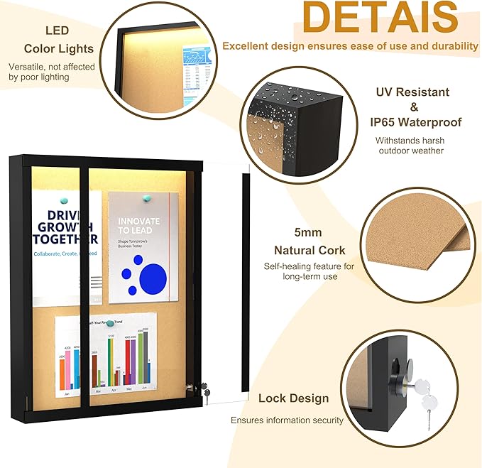 26"X20" Enclosed Bulletin Board with LED Lights, Tamper-Proof Wall Display Case,Outdoor IP65 Waterproof Lockable Cork Bulletin Board for Office, School, Restaurants,Black Frame