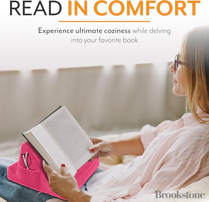 Brookstone Tablet Lap Cushion - Tablet and Phone Holder for Bed, Flights, and Travel, Two Angled Memory Foam Lap Desk for Reading and Hands Free Viewing, Compatible iPad and Kindle Accessories, Pink