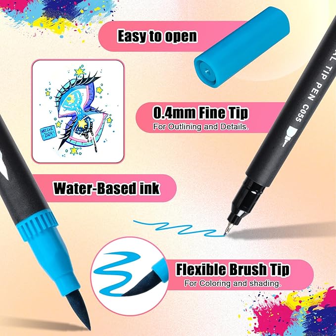 Art Supplier Dual Brush Markers Pens, 110 Artist Coloring Marker Set, Fineliner & Brush Tip Pen with Premium Case for Adults Coloring Books & Journal, Drawing, Doodlin