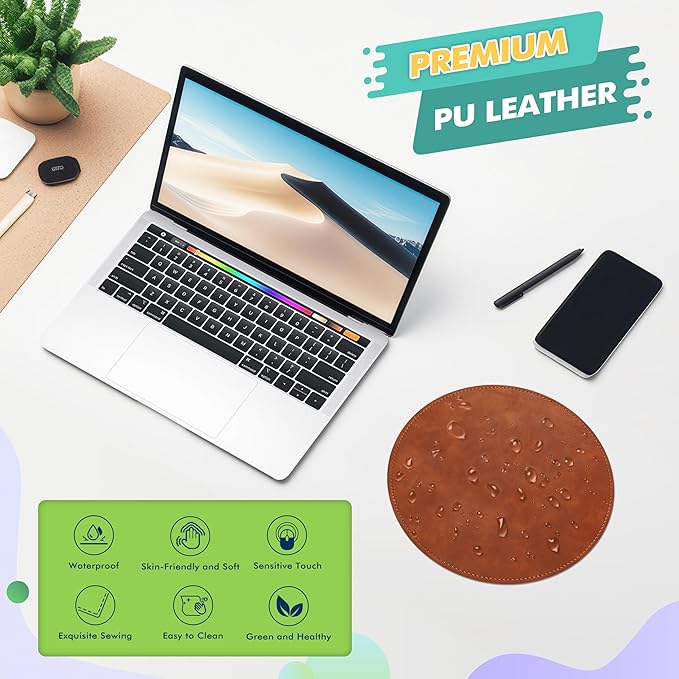 Mouse Pad，Round Mouse Pad，PU Mouse Pad，Leather Mouse Pad with Stitched Edge Micro-Fiber Base with Non-Slip Waterproof，Mouse Pad for Computers，Laptop，9 x 9 Inch (Caramel Brown)