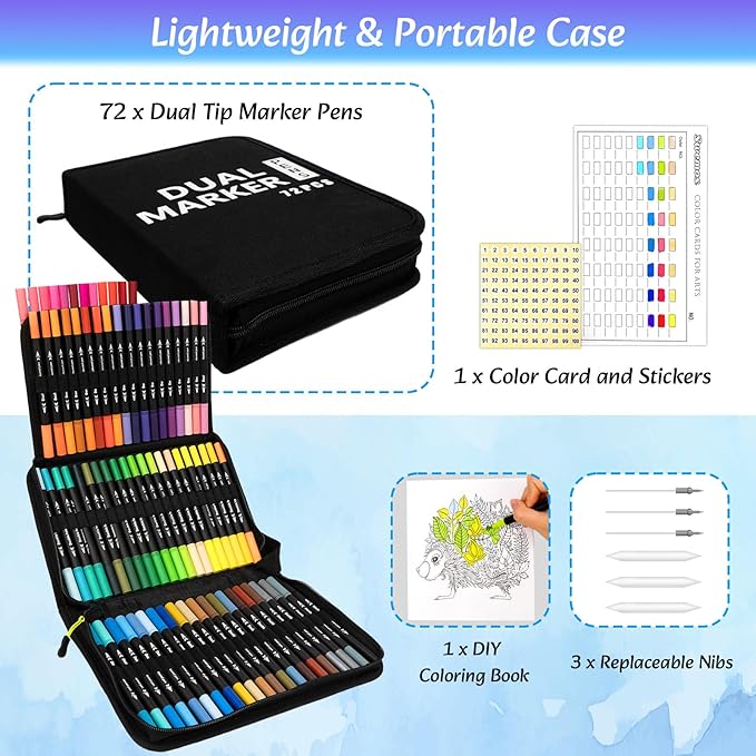 Markers for Adult Coloring Books No Bleeding, 72 Colors Dual Tip Coloring Markers for Adults, Brush&Fine Tip Art Supplies for Calligraphy, Journaling, Sketching, Christmas Gifts for Teens with Case
