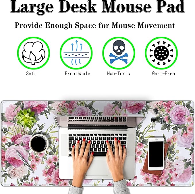 Keyboard Mouse Pad Pink Desk Mat for Women Extra Large Mouse Pads Office Accessories Gaming Mousepad Cool Mouse Pad Non-Slip Rubber Base 35.4" X 15.7" for Game Office, Roses Wreath