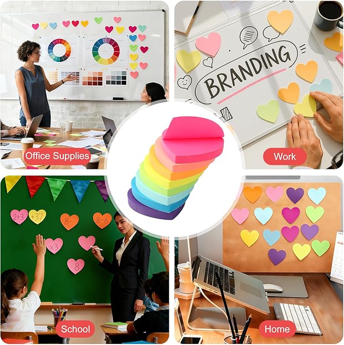 Heart Sticky Notes 800 Sheets 3x3 inch Self-Stick Note Pads for Notebook Office School Teacher Supplies Desk Accessories Valentines Day Gifts Galentines Day Decorations 100 Sheets/pad 8 Pads