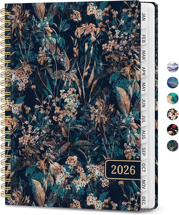 2026 Planner, Monthly and Weekly Calendar Planner for Women, Jan 2026 - Dec 2026, Hardcover Pretty 2026 Agenda Planner Book with Tabs, Spiral Bound, Perfect for School Office Home Supplies, 6.3" x 8.5" - Royal Flowers