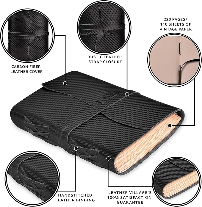 LEATHER VILLAGE Carbon Fiber Genuine Leather Bound Journal - 7'' x 5'', 220 Pages - Vintage Blank Paper Diary for Writing, Drawing, Sketchbook, and Travel Notebook - Ideal for Women and Men- Black