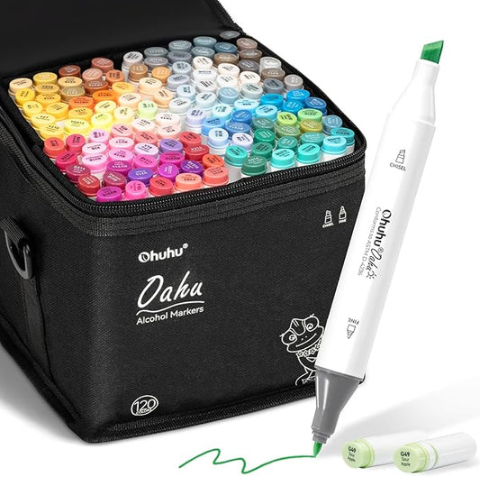 Ohuhu Alcohol Based Markers: 120-color AP Certificated Refillable Double Tipped Art Marker Set for Artist Designer Adults Coloring Illustration - Chisel and Fine Dual Tips - Oahu of Ohuhu Markers