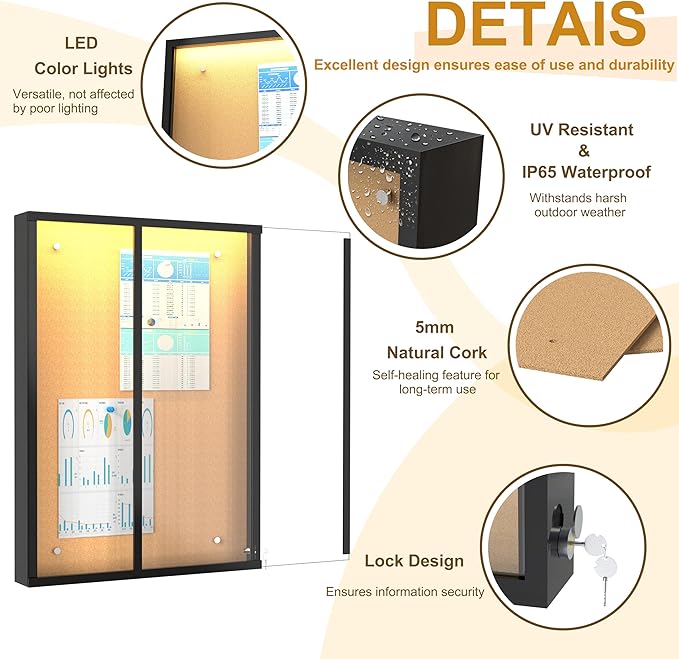 24"X36" Enclosed Bulletin Board with LED Lights, IP65 Waterproof Notice Board Outdoor UV-Resistant, Lockable Cork Bulletin Board for Office, School, Restaurants