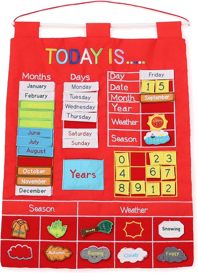 The Peanutshell Learning Calendar Wall Chart - Homeschool Supplies, Interactive Pocket Chart for Toddlers & Kids - Preschool Learning Activity Board, Circle Time Board for Classroom - Red Today Is