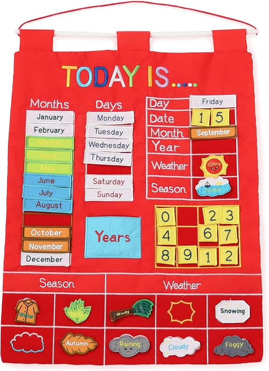 The Peanutshell Learning Calendar Wall Chart - Homeschool Supplies, Interactive Pocket Chart for Toddlers & Kids - Preschool Learning Activity Board, Circle Time Board for Classroom - Red Today Is