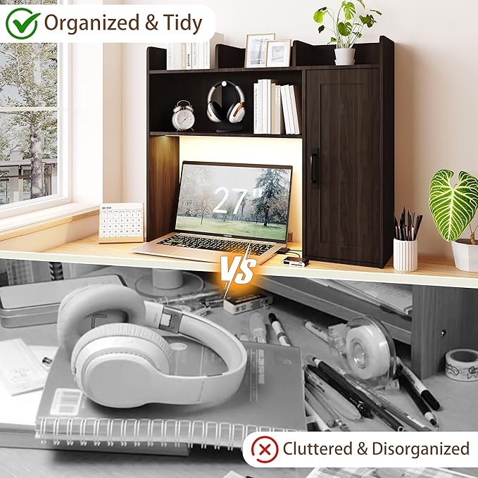 Desktop Bookshelf, Wooden Desk Hutch with LED Lights, Desktop Shelf with 6 Shelves and Power Outlets, Office Desk Organizer, Over Desk Storage Shelves for Dorm, Home, Walnut