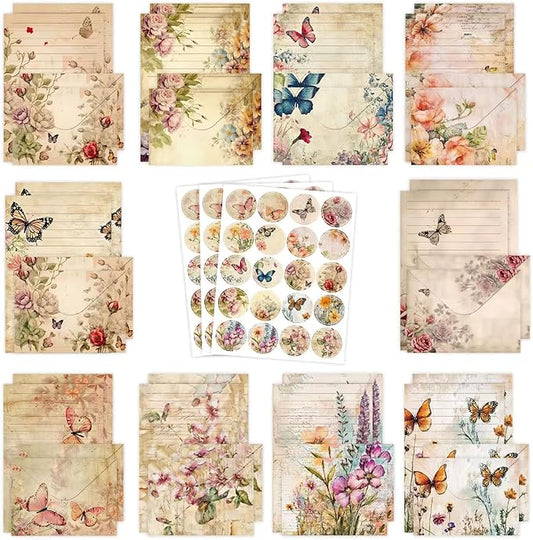 160 Pcs Stationery Paper Set, Nature Vintage Floral Butterfly 50 Stationary Paper 50 Envelopes 60 Round Dot Sticker