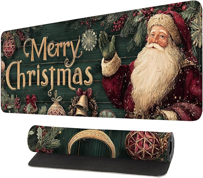 Desk Mat, XXL Extended Gaming Pad for Desktop, 35x16 Inches Vintage Santa, Large Non-Slip Vegan Leather Keyboard Mouse Mat for Home Office