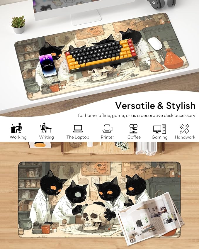 XL Gaming Mouse Pad, 31.5x17.5'' Large Desk Mat with Anti-Slip Rubber Base & Stitched Edges for Gaming, Office, Home - Professor Cat