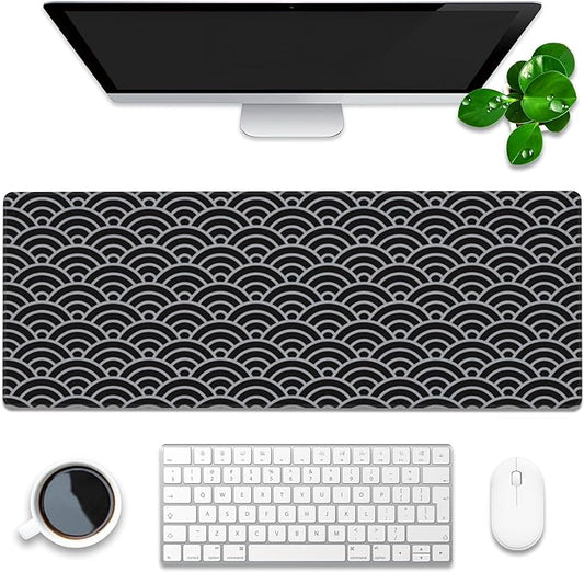 Desk Pad, Black and Silver Fan-Shaped Waves Extended Gaming Mouse Pad Large, 31.5"x11.8" Big Mouse Pad with Non-Slip Base and Stitched Edge, Long Computer Keyboard Mouse Mat for Home Office Work