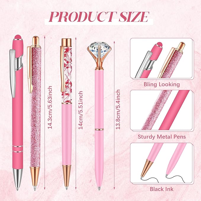 Sabary 8 Pcs Pink Pens with Pen Holder for Desk Glitter Crystal Diamond Cute Ballpoint Fancy Pencil Holder Bling Desk Organizer for Women Girls Gifts School Office Valentine Supplies