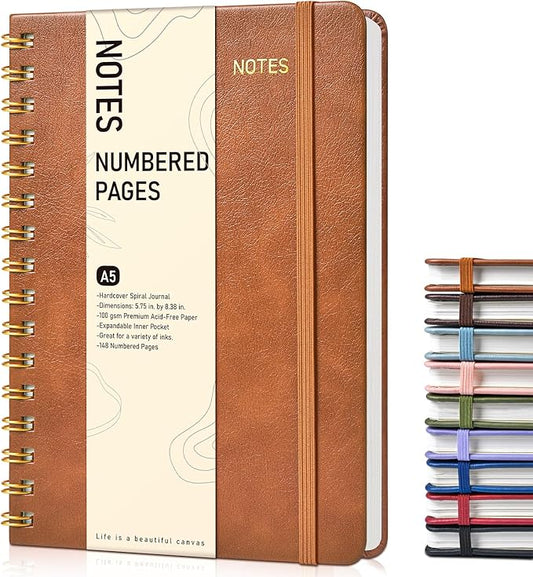 Lined Spiral Journal Notebook, A5 Hardcover Spiral Journals for Women Men, 150 Numbered Pages Spiral Bound Notebook, 100 GSM College Ruled Notebooks for Writing Note Taking 5.75" x 8.38", Brown