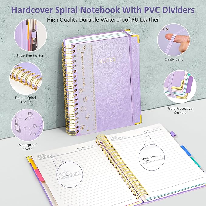 Hardcover Spiral Notebook Journal with Removable PVC Dividers - 8'' x 10'' Large 300 Pages B5 Hardcover Leather Lined Journal Notebook with Tab for Work Note Taking Office Home School Supplies, Purple