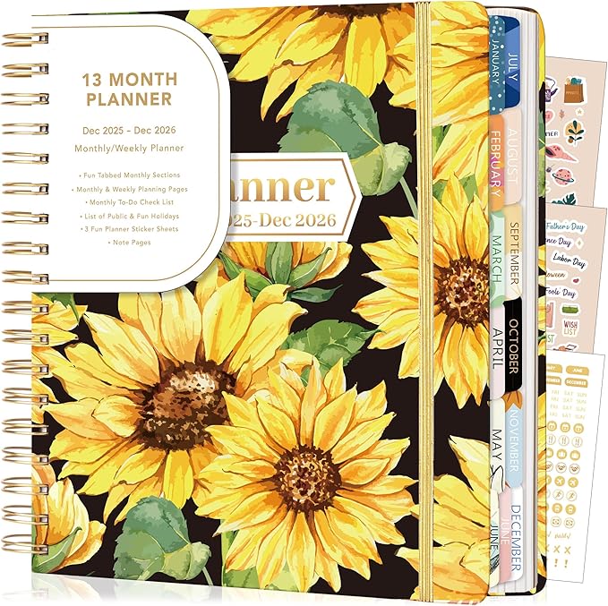 CAGIE 2026 Planner Weekly and Monthly Dec 2025-Dec 2026 Hardcover Calendar Planners with Stickers& Month Tabs for Women Spiral Bound 26 Yearly Agenda, 8.3"x9.1", Sunflower