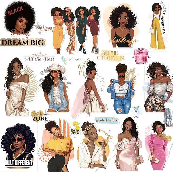 Black Girl Decal Sticker Book for Water Bottle: 260+ WaterProof Vinyl Motivational Stickers for Black Teen Girls & Women, 24 Pages for Journaling, Scrapbooking, Laptop, Self-Care & Inspirational Decor