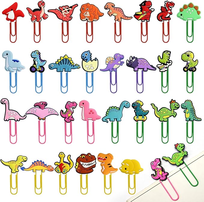 Cute Paper Clips, 30Pcs Cute Dinosaur Bookmark Paperclips Bulk Metal Fun Animal Planner Clip Charm Clamp Desk Accessories Stationery Colorful Office Supplies gifts for Student Teacher Party Decorative