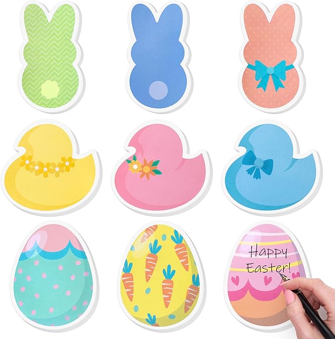 9 Packs Easter Sticky Notes Colorful Bunny Chick Egg Self-Adhesive Notepads Memo Pads Sunday School Classroom Office Stationery Supplies Spring Holiday Party Favors Basket Stuffers Gifts, 270 Sheets