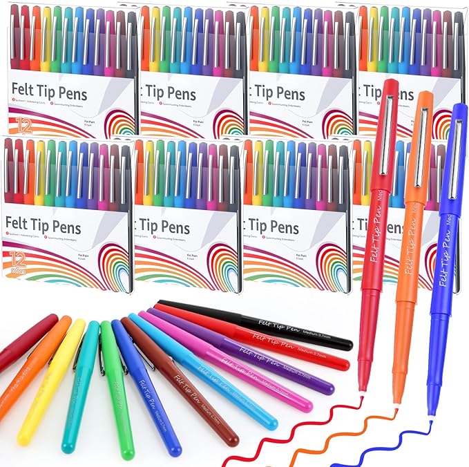 96 Pcs Felt Tip Pens 0.7mm Medium Point Felt Pen Bulk 12 Colors Markers Journal Planner for Teachers Journaling Writing Note Art Office Supplies
