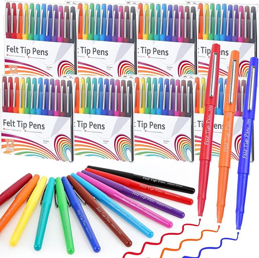 96 Pcs Felt Tip Pens 0.7mm Medium Point Felt Pen Bulk 12 Colors Markers Journal Planner for Teachers Journaling Writing Note Art Office Supplies