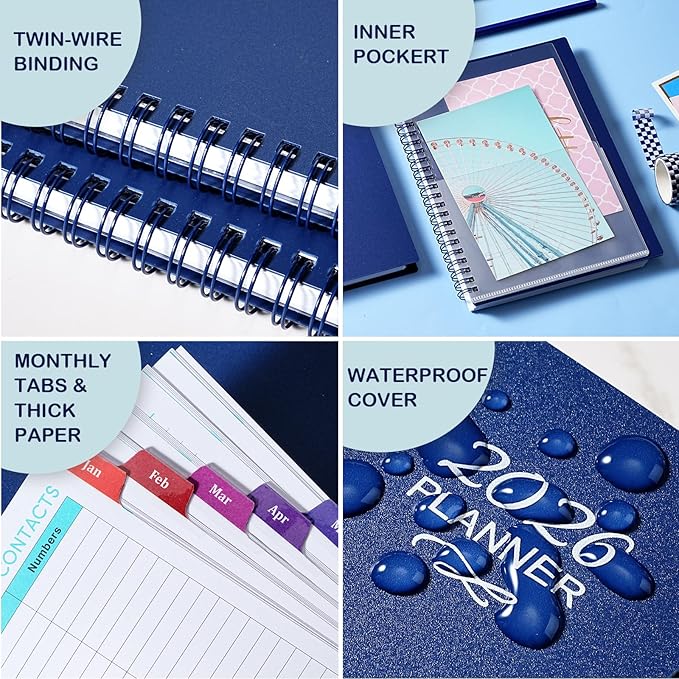 2026 Planner - 2026 Planner Weekly and Monthly, JAN 2026 - DEC 2026, 6" x 8.4", Calendar Planner with Premium Paper, Twin-wire Binding, Waterproof Cover, Coloful Tabs, Blue
