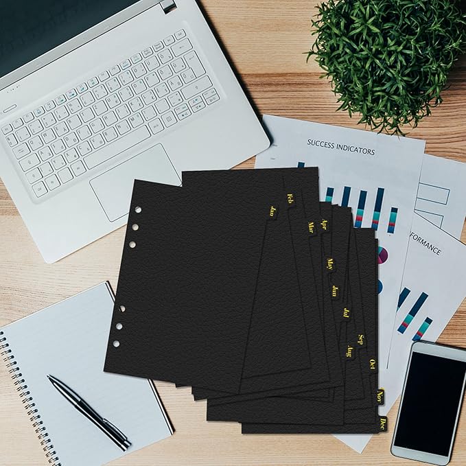 Koqye Leather Textured A5 6-Ring Binder Dividers with 12 Monthly Tabs, Black Paper Index Page Separators for Planner/Organizer (2 Set - 12 Monthly Tabs)