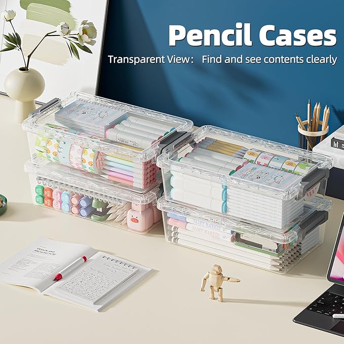 4 Pack Extra Large Pencil Box, Plastic Pencil Case Organizer, Clear Crayon Box Marker Organizer, Stackable Craft Organizers and Storage for Pen, Craft, Art Supply(Blue)