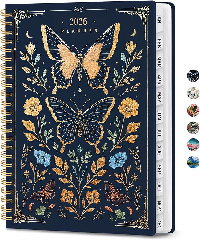 2026 Planner, Weekly and Monthly Planner for Women, January 2026 to December 2026, Pretty Hardcover 2026 Calendar Planner Book with Tabs, Inner Pocket, Spiral Bound, Perfect Office Home School Supplies - 6.3" x 8.5", Golden Butterfly
