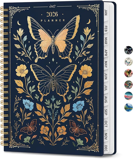 2026 Planner, Weekly and Monthly Planner for Women, January 2026 to December 2026, Pretty Hardcover 2026 Calendar Planner Book with Tabs, Inner Pocket, Spiral Bound, Perfect Office Home School Supplies - 6.3" x 8.5", Golden Butterfly