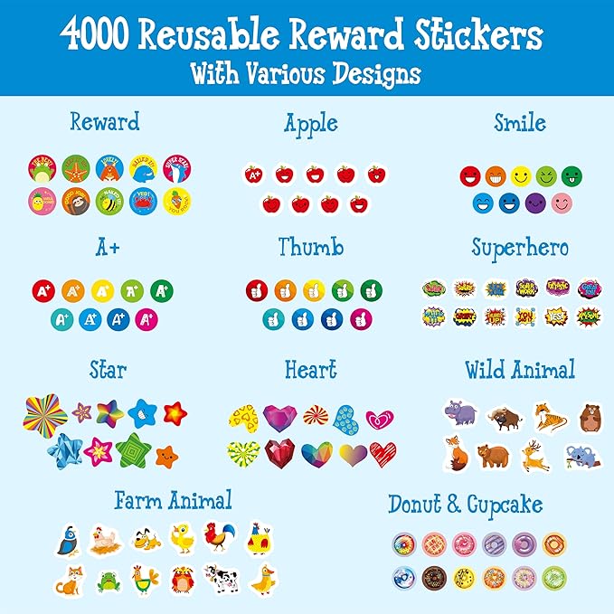 4000 Reusable Incentive Stickers, 100 Sheets Waterproof, Tear Resistant Reward Stickers-Remove Without Residue, Animals/Stars/Hearts Motivational Decals for Kids Teachers, Parents, Bottles, Laptops