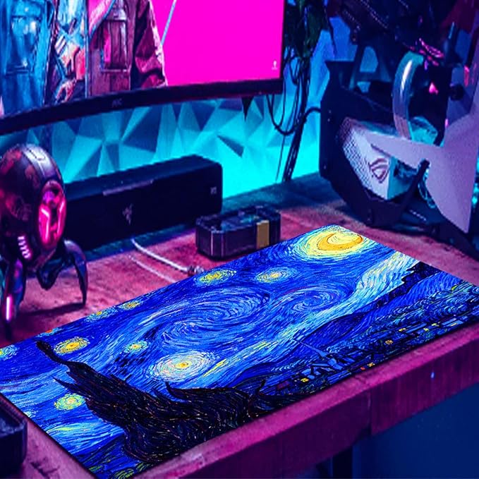 Manicer Blacklight Starry Night Mouse Pad, Van Gogh Painting Gaming Extended Large Desk Pad, UV Reactive Long Big Mouse Mat with 3mm Non-Slip Rubber Base for Office Home - 31.5" x 11.8"