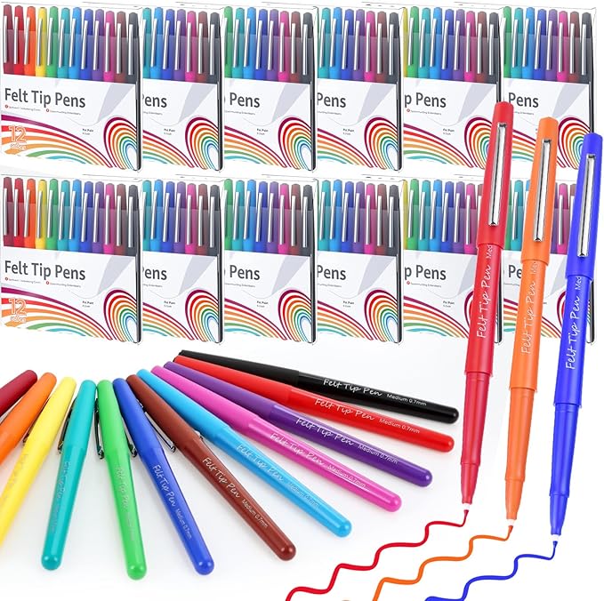 144 Pcs Felt Tip Pens 0.7mm Medium Point Felt Pen Bulk 12 Colors Markers Journal Planner for Teachers Journaling Writing Note Art Office Supplies