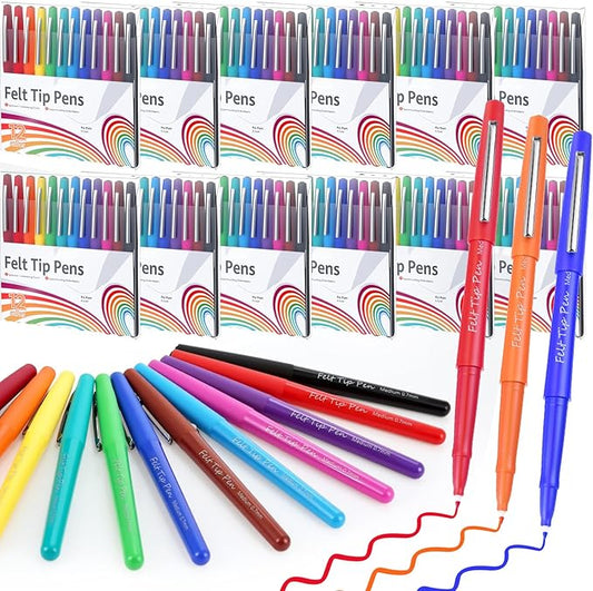 144 Pcs Felt Tip Pens 0.7mm Medium Point Felt Pen Bulk 12 Colors Markers Journal Planner for Teachers Journaling Writing Note Art Office Supplies