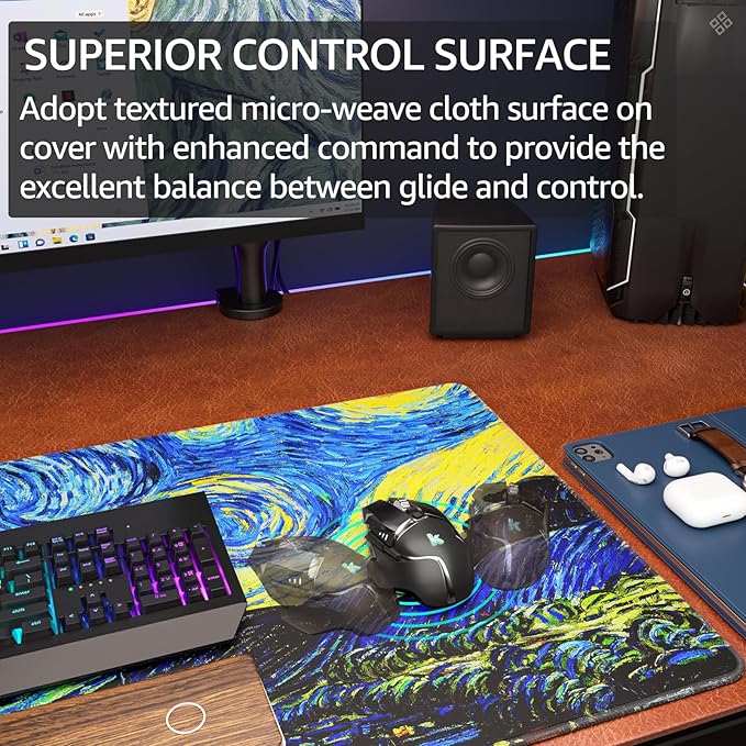 KTRIO Large Gaming Mouse Pad Desk Mat, Superior Micro-Weave Cloth, Non-Slip Rubber Base, Stitched Edges, Water-Resistant, for Gamer, Office & Home, 31.5 x 15.7 Inch，Starry Night