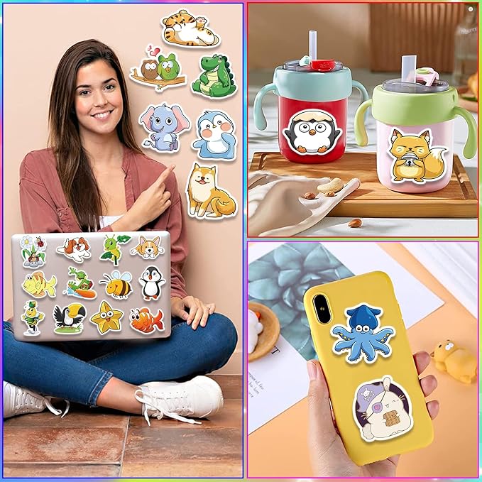 300 PCS Animal Stickers for Kids, Cute Waterproof Vinyl Stickers for Water Bottles, Laptops, Scrapbooks, and Classroom Rewards, Animal Cartoon Stickers Pack with Gift Box for Girls Boys Teens