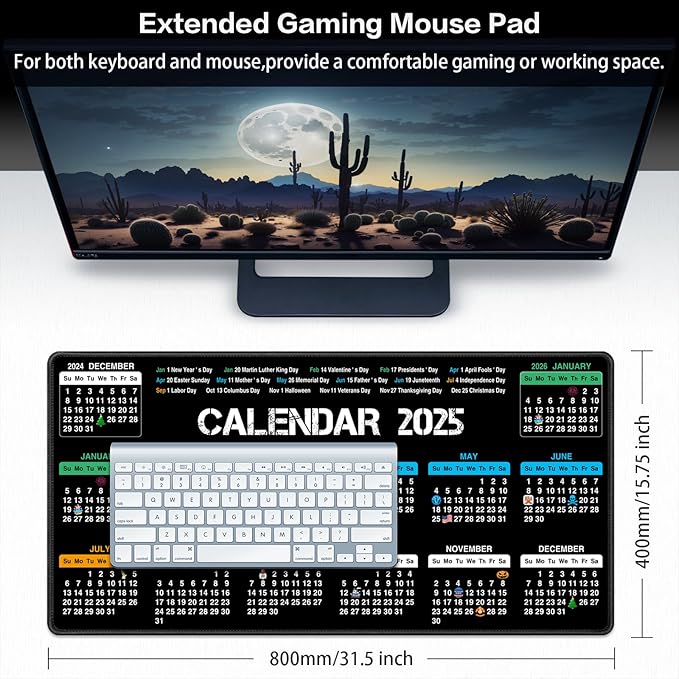 Canjoy 2025 Calendar Mouse Pad with Holidays, 31.5x15.7inch Large Extended Big Computer Mousepad Premium-Textured & Waterproof Desk Mat