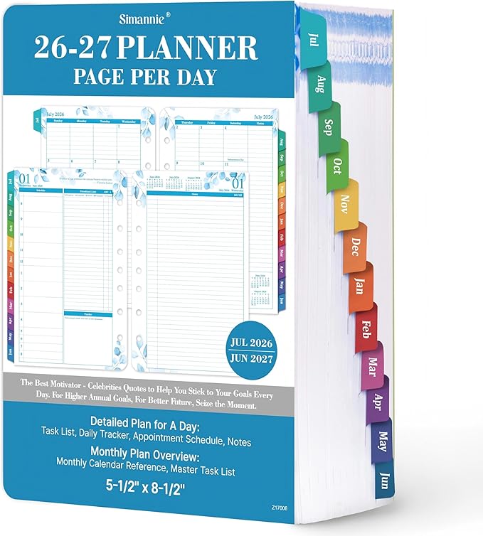 2026-2027 Planner Refills – July 2026 - June 2027, Daily Planner Refills 2026-2027, Two Pages Per Day Daily & Monthly Planner Inserts, 8.38" x 5.51", Ring-Bound with Tabs