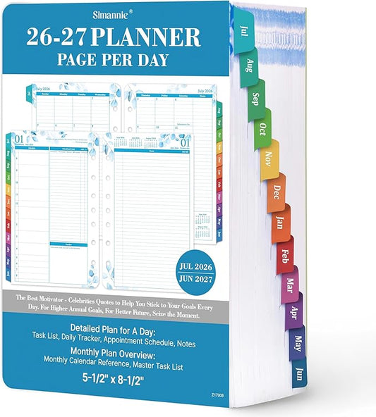 2026-2027 Planner Refills – July 2026 - June 2027, Daily Planner Refills 2026-2027, Two Pages Per Day Daily & Monthly Planner Inserts, 8.38" x 5.51", Ring-Bound with Tabs