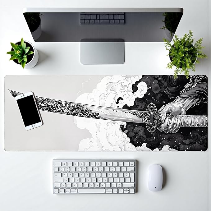 Katana Gaming Mouse Pad 31.5x11.8 Inch Large Black Long Extended Pads Big Mousepad Large Non-Slip Rubber Base Waterproof Big Keyboard Mat with Stitched Edges for PC Computer Laptop and Office