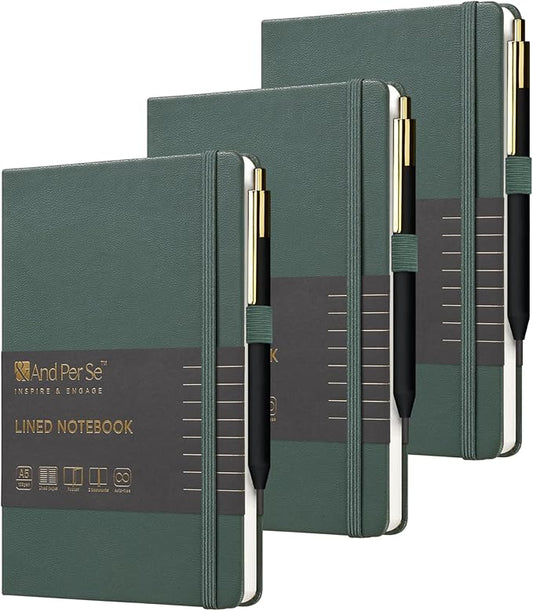 &And Per Se Lined Journal and Pen Set (3 Packs), A5 Leather Hardcover Notebook with Pen & Stationary Set, 160 Pages 100GSM Thick Ruled Paper Journal for Business Work Writing (Green)